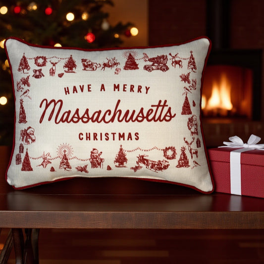 Have a Merry Christmas - Massachusetts - Hometown Pillow - Scarlet Piping - 19-in - Mellow Monkey