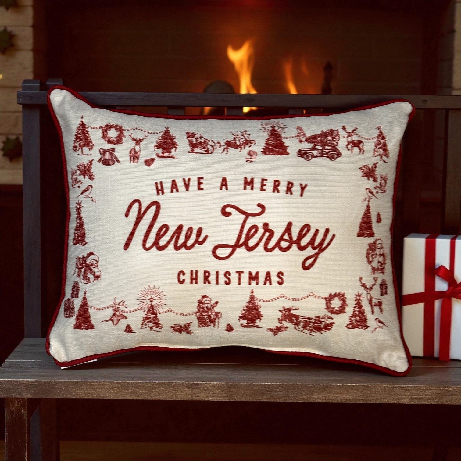 Have a Merry Christmas - New Jersey - Hometown Pillow - Scarlet Piping - 19-in - Mellow Monkey