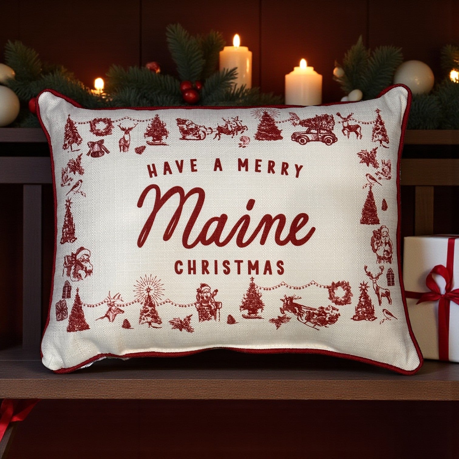 Have a Merry Christmas - Maine - Hometown Pillow - Scarlet Piping - 19-in - Mellow Monkey