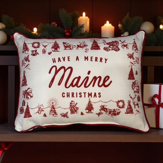 Have a Merry Christmas - Maine - Hometown Pillow - Scarlet Piping - 19-in - Mellow Monkey
