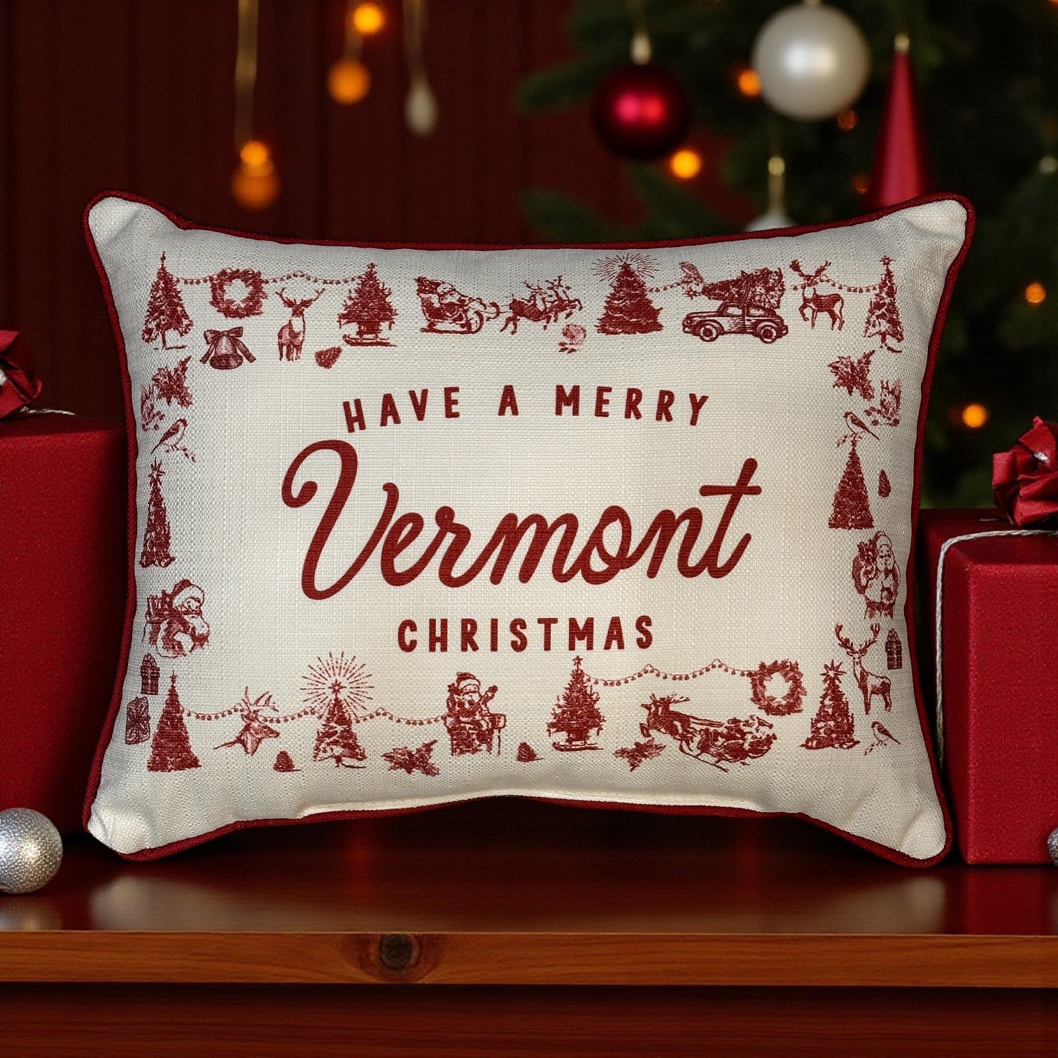 Have a Merry Christmas - Vermont - Hometown Pillow - Scarlet Piping - 19-in - Mellow Monkey