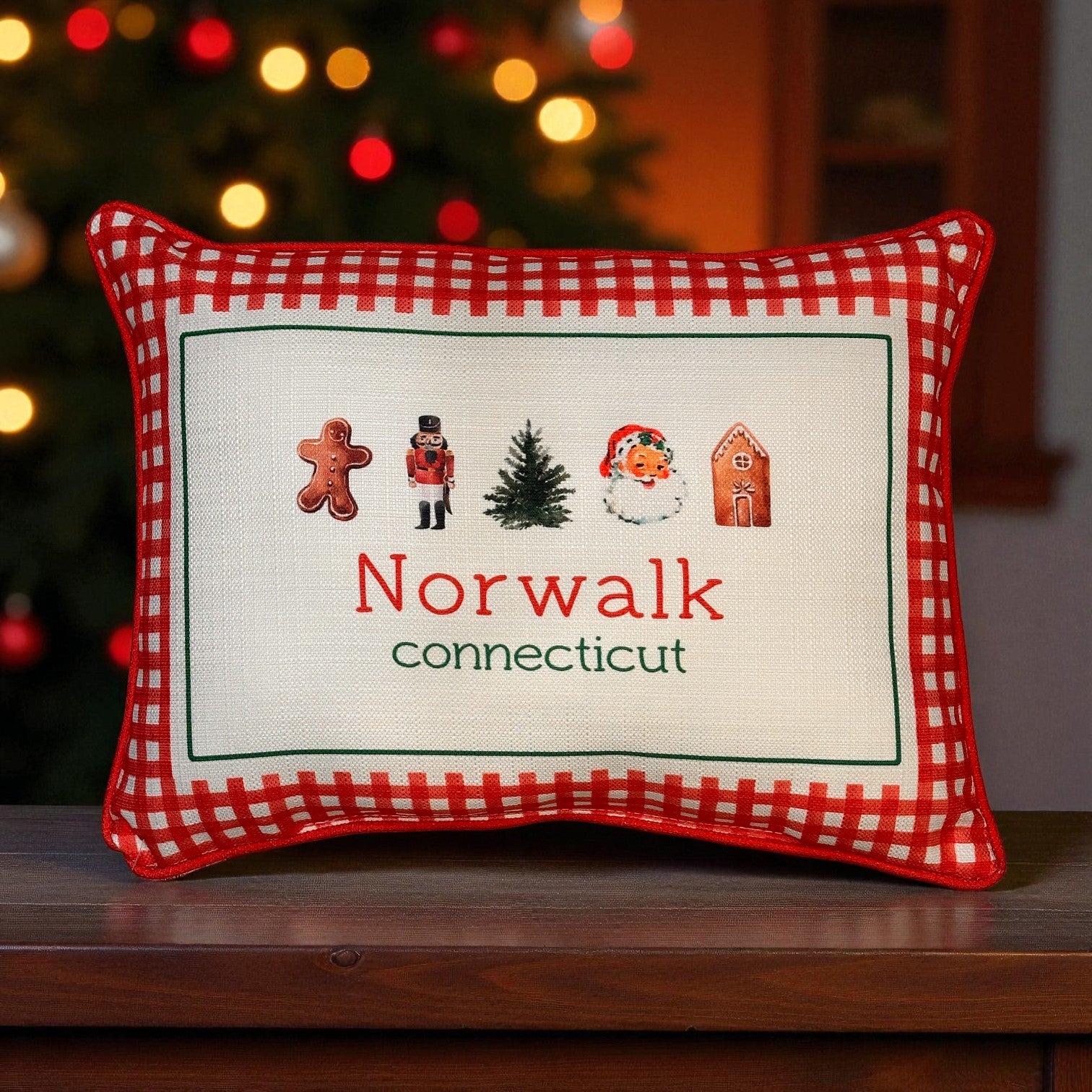 Gingham Christmas Hometown Pillow - Norwalk Connecticut - Red Piping - 19-in - Mellow Monkey