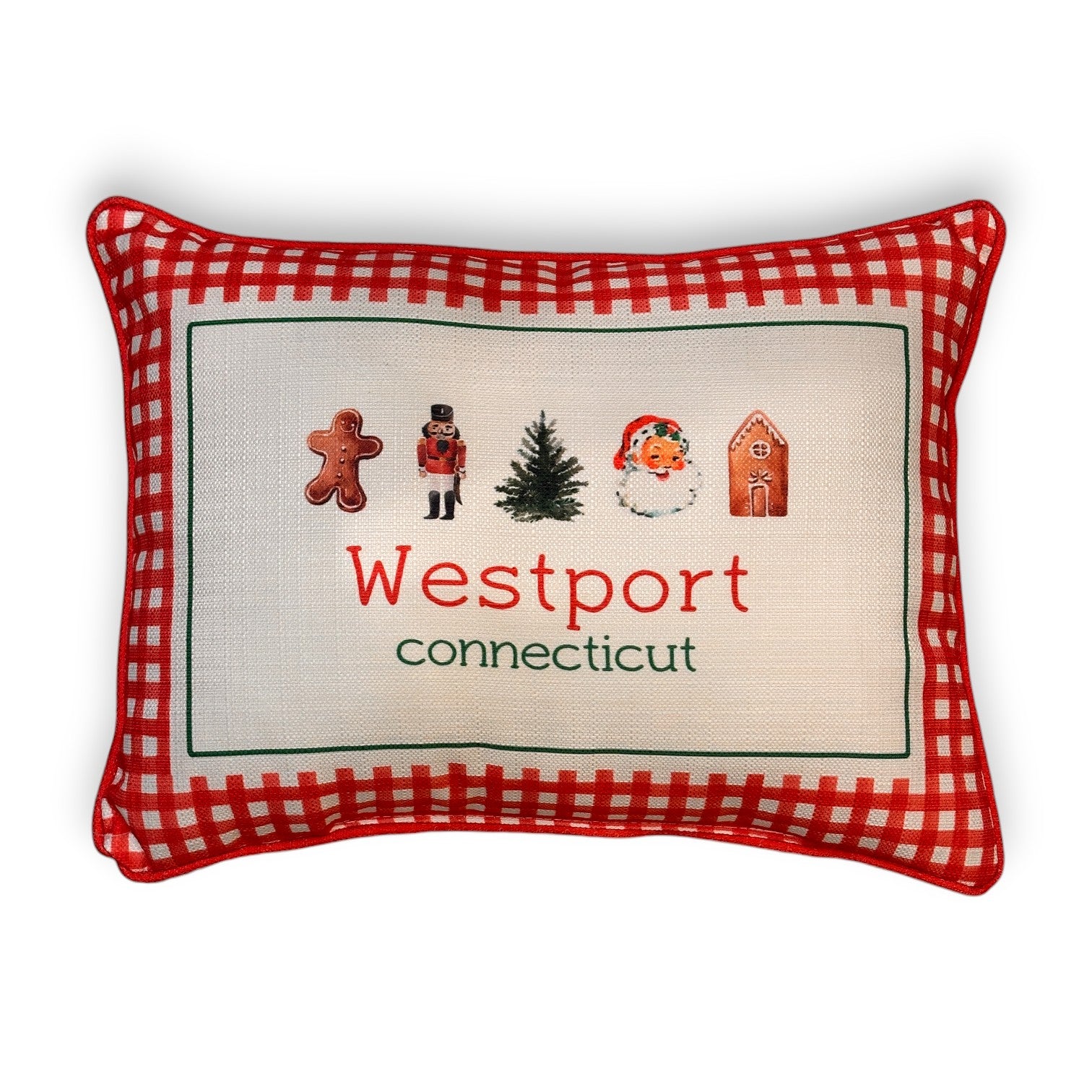 Gingham Christmas Hometown Pillow - Westport Connecticut - Red Piping - 19-in - Mellow Monkey