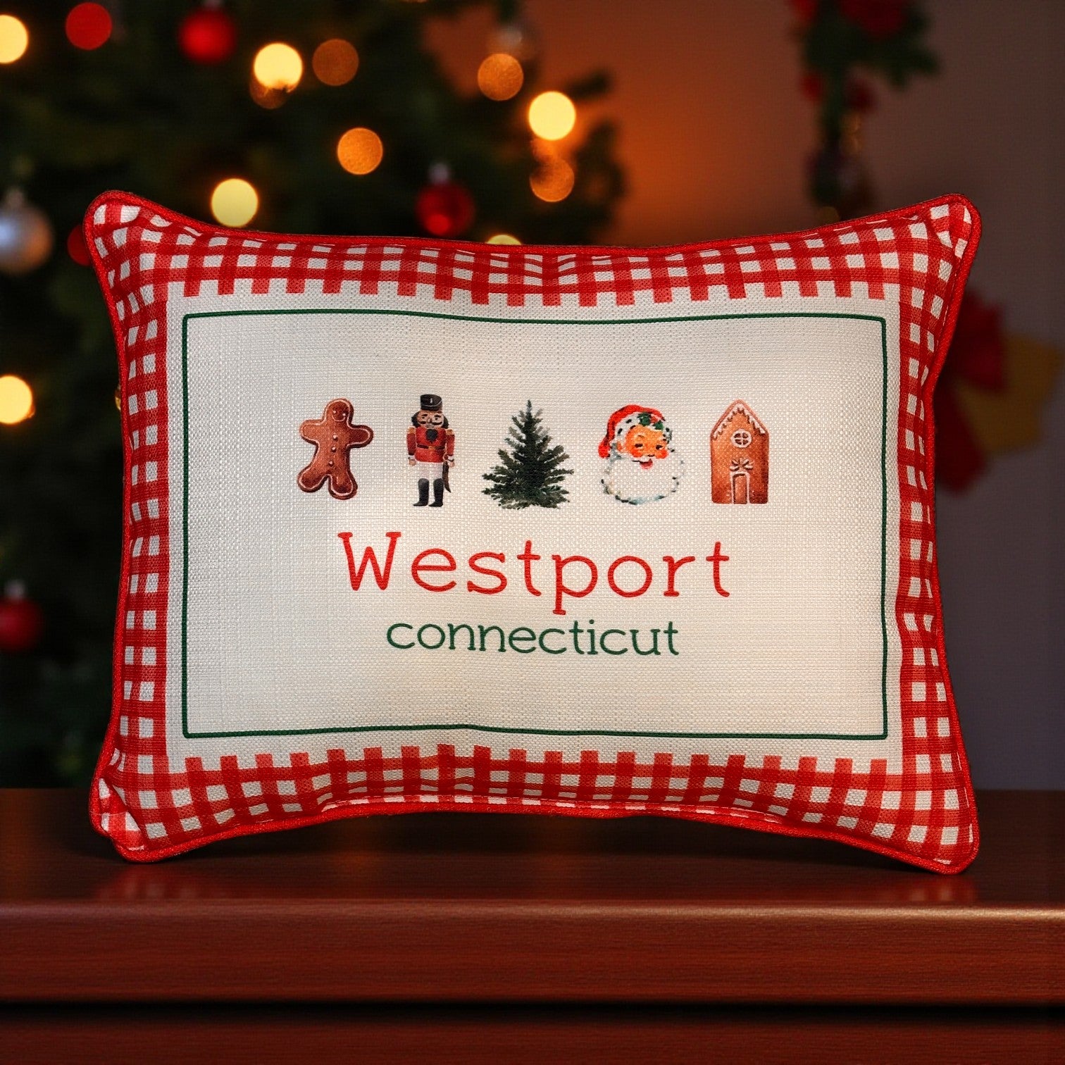 Gingham Christmas Hometown Pillow - Westport Connecticut - Red Piping - 19-in - Mellow Monkey