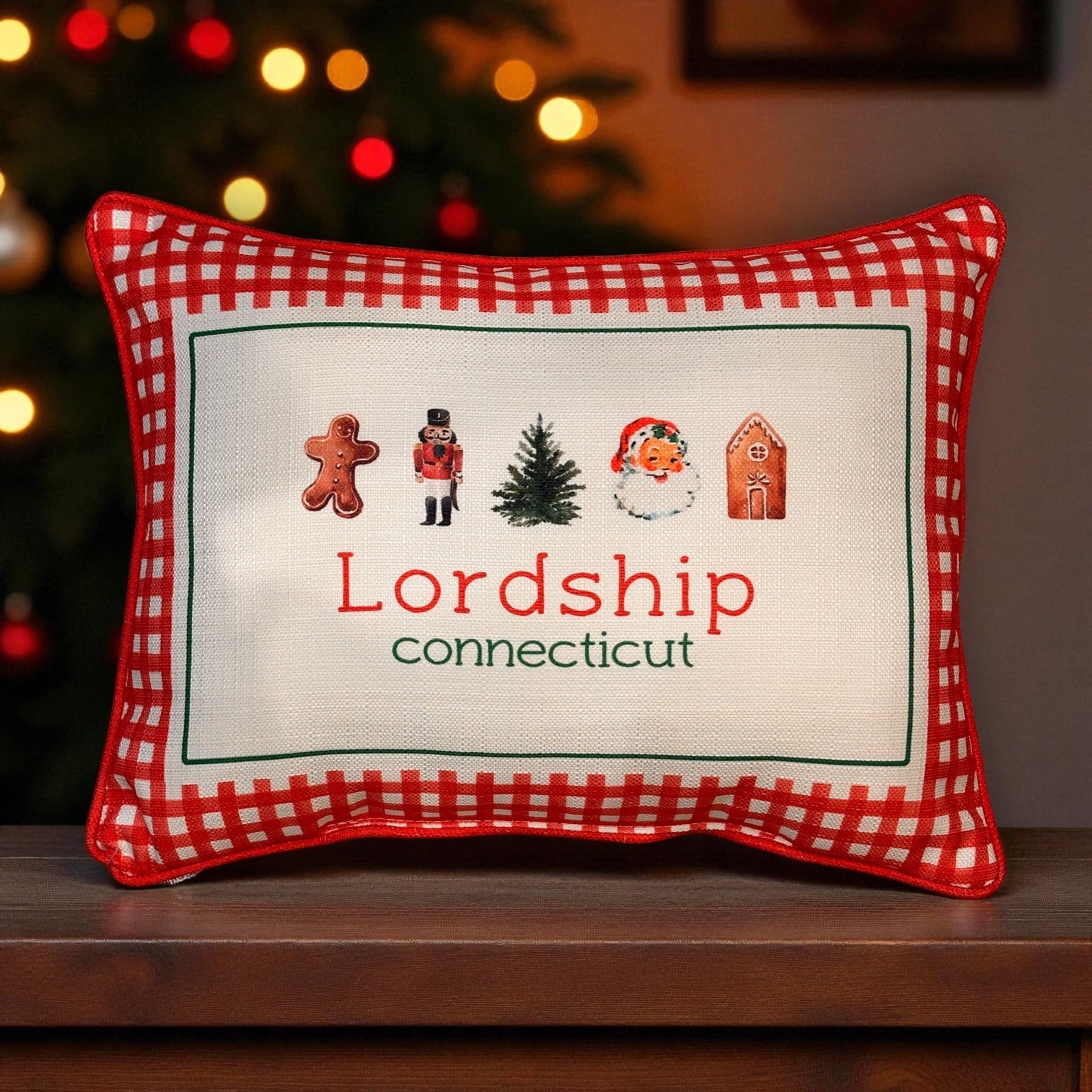 Gingham Christmas Hometown Pillow - Lordship Connecticut - Red Piping - 19-in - Mellow Monkey