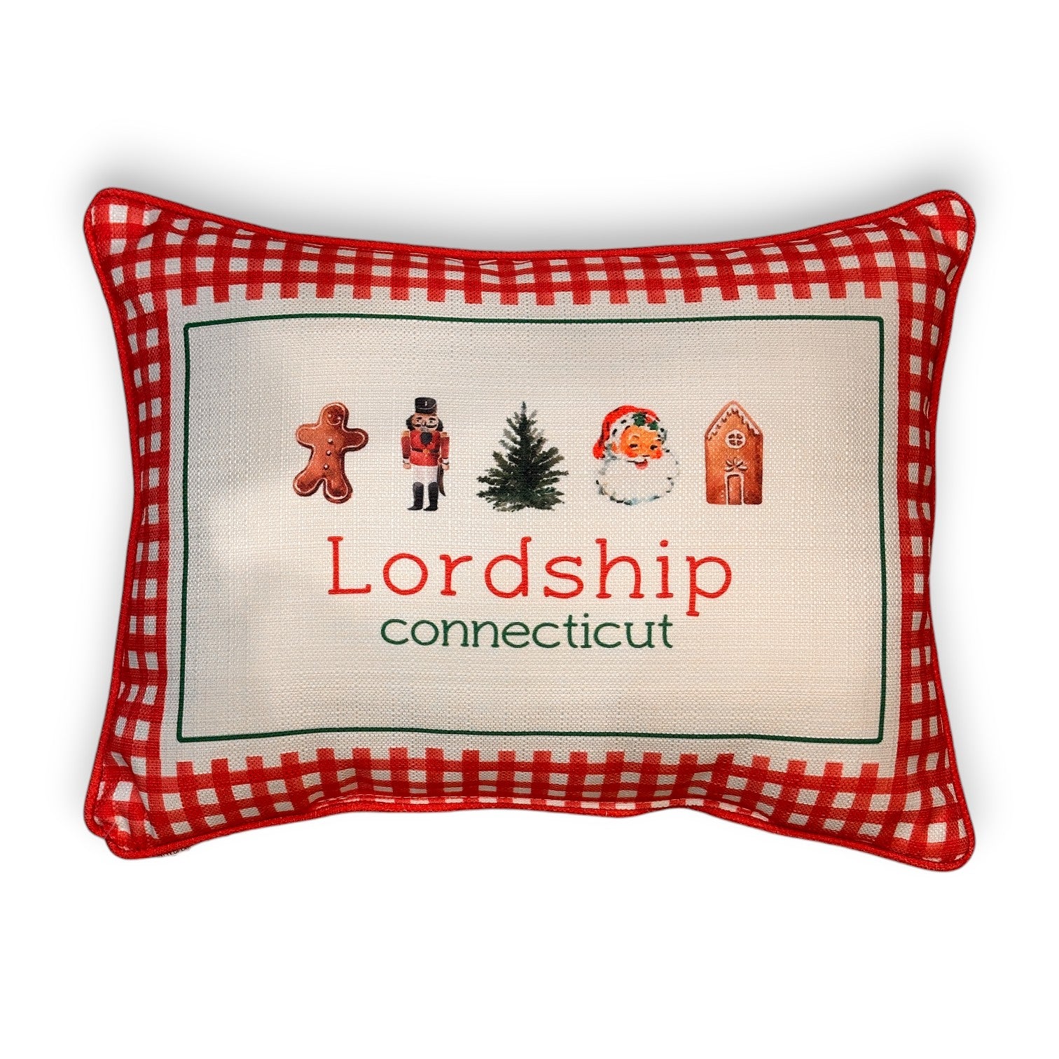 Gingham Christmas Hometown Pillow - Lordship Connecticut - Red Piping - 19-in - Mellow Monkey