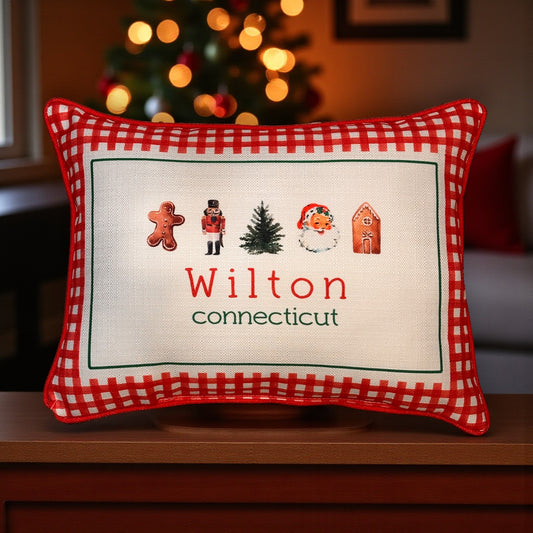 Gingham Christmas Hometown Pillow - Wilton Connecticut - Red Piping - 19-in - Mellow Monkey