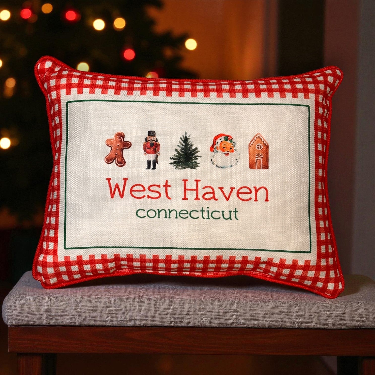 Gingham Christmas Hometown Pillow - West Haven Connecticut - Red Piping - 19-in - Mellow Monkey