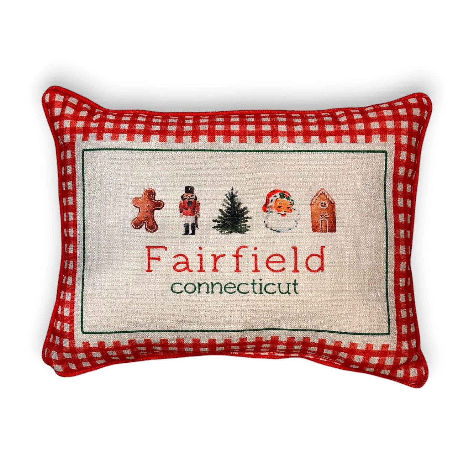 Gingham Christmas Hometown Pillow - Fairfield Connecticut - Red Piping - 19-in - Mellow Monkey