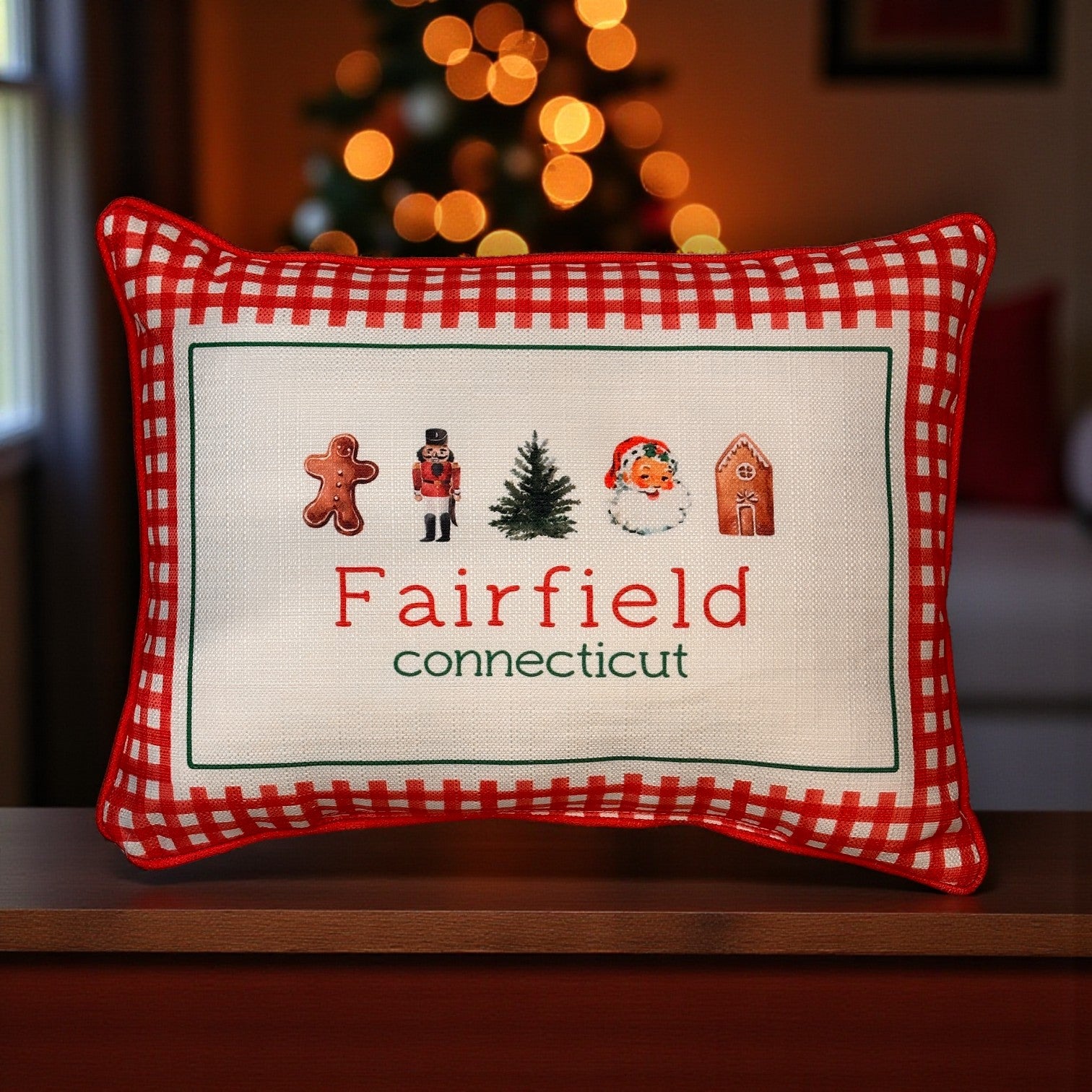 Gingham Christmas Hometown Pillow - Fairfield Connecticut - Red Piping - 19-in - Mellow Monkey