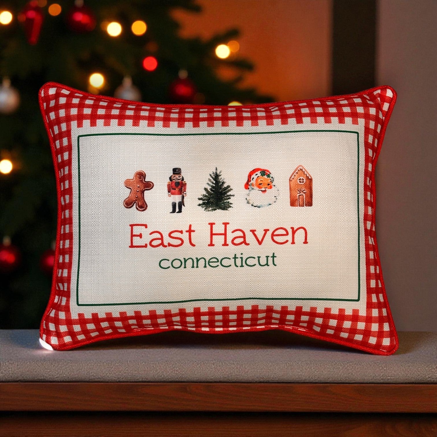 Gingham Christmas Hometown Pillow - East Haven Connecticut - Red Piping - 19-in - Mellow Monkey