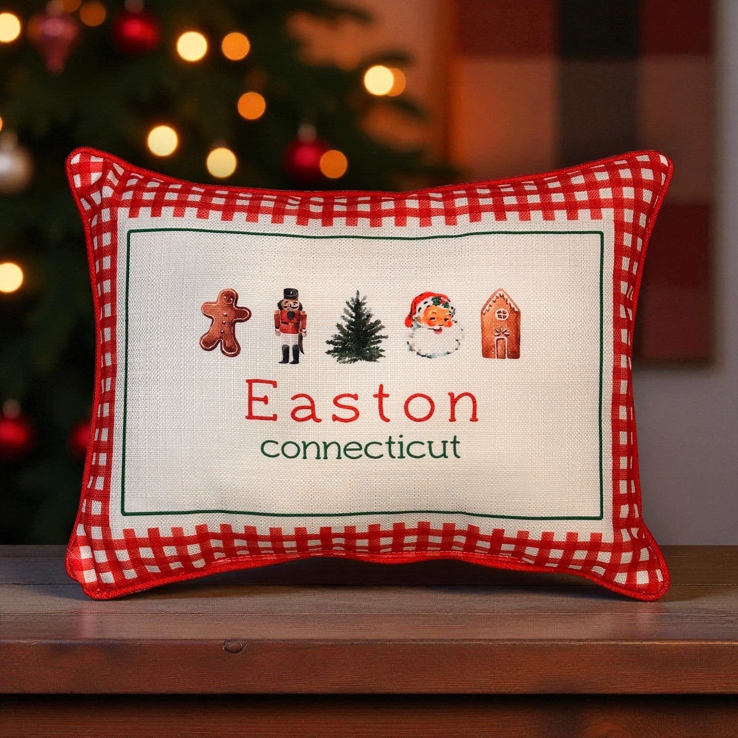 Gingham Christmas Hometown Pillow - Easton Connecticut - Red Piping - 19-in - Mellow Monkey