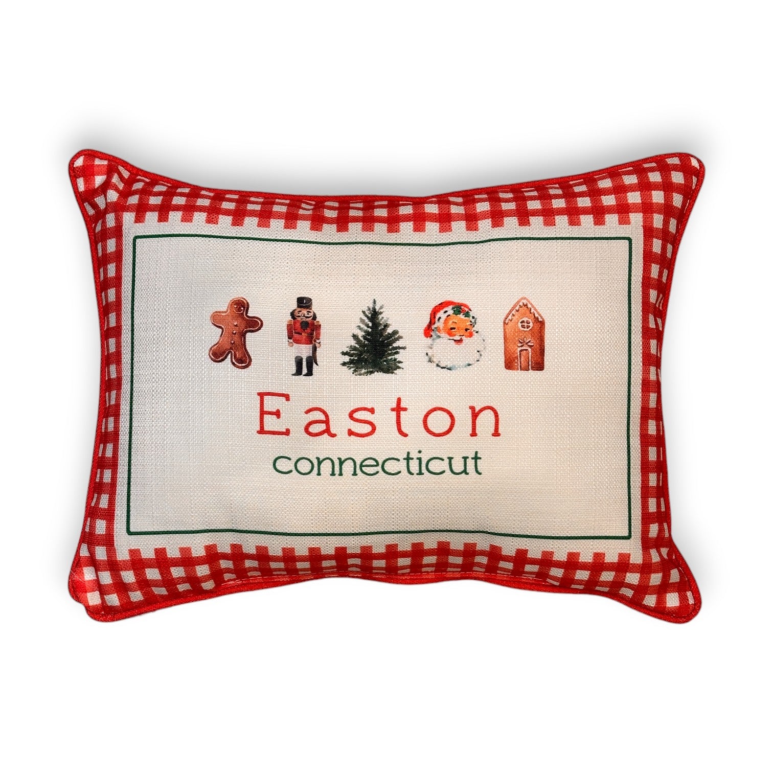 Gingham Christmas Hometown Pillow - Easton Connecticut - Red Piping - 19-in - Mellow Monkey