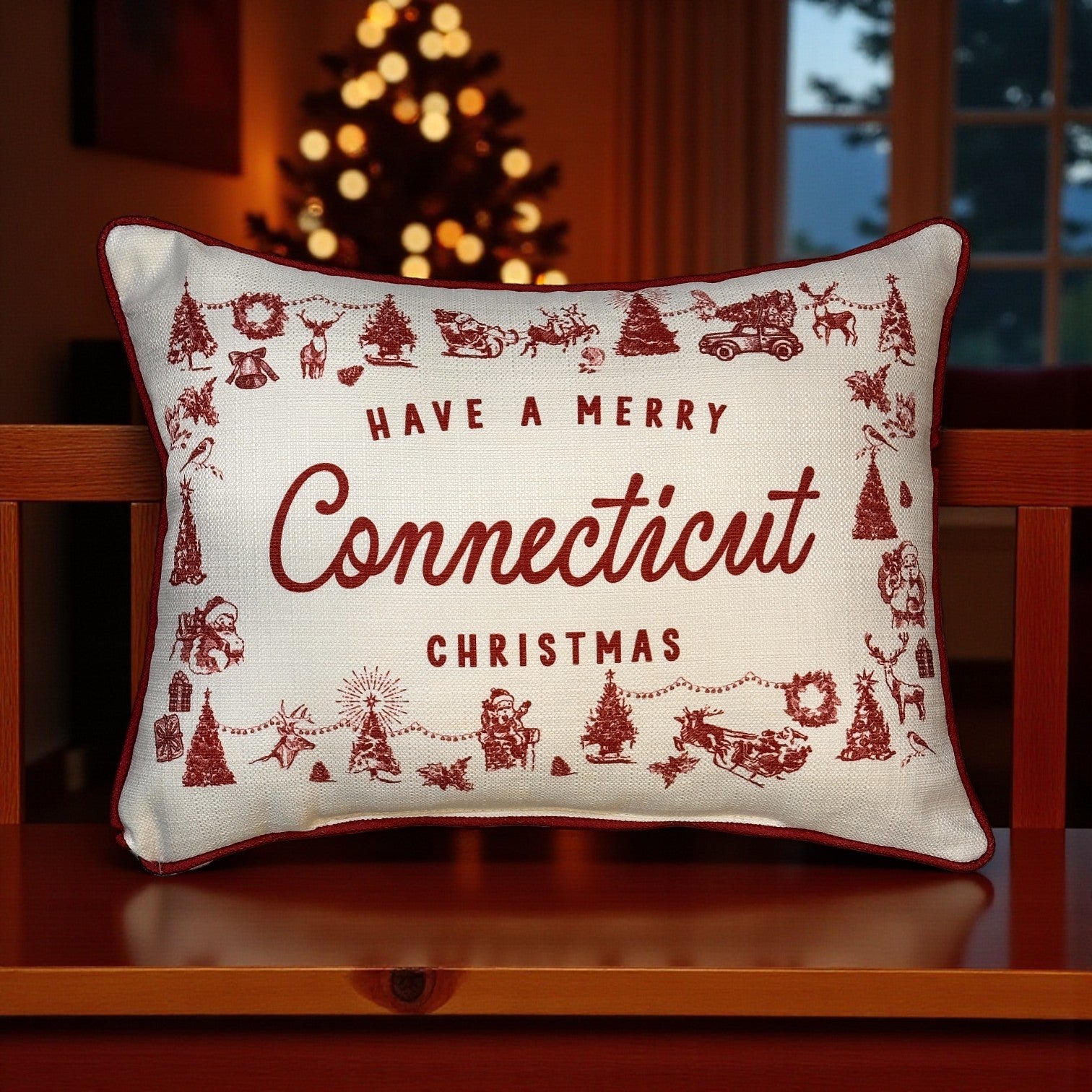 Have a Merry Christmas - Connecticut - Hometown Pillow - Scarlet Piping - 19-in - Mellow Monkey