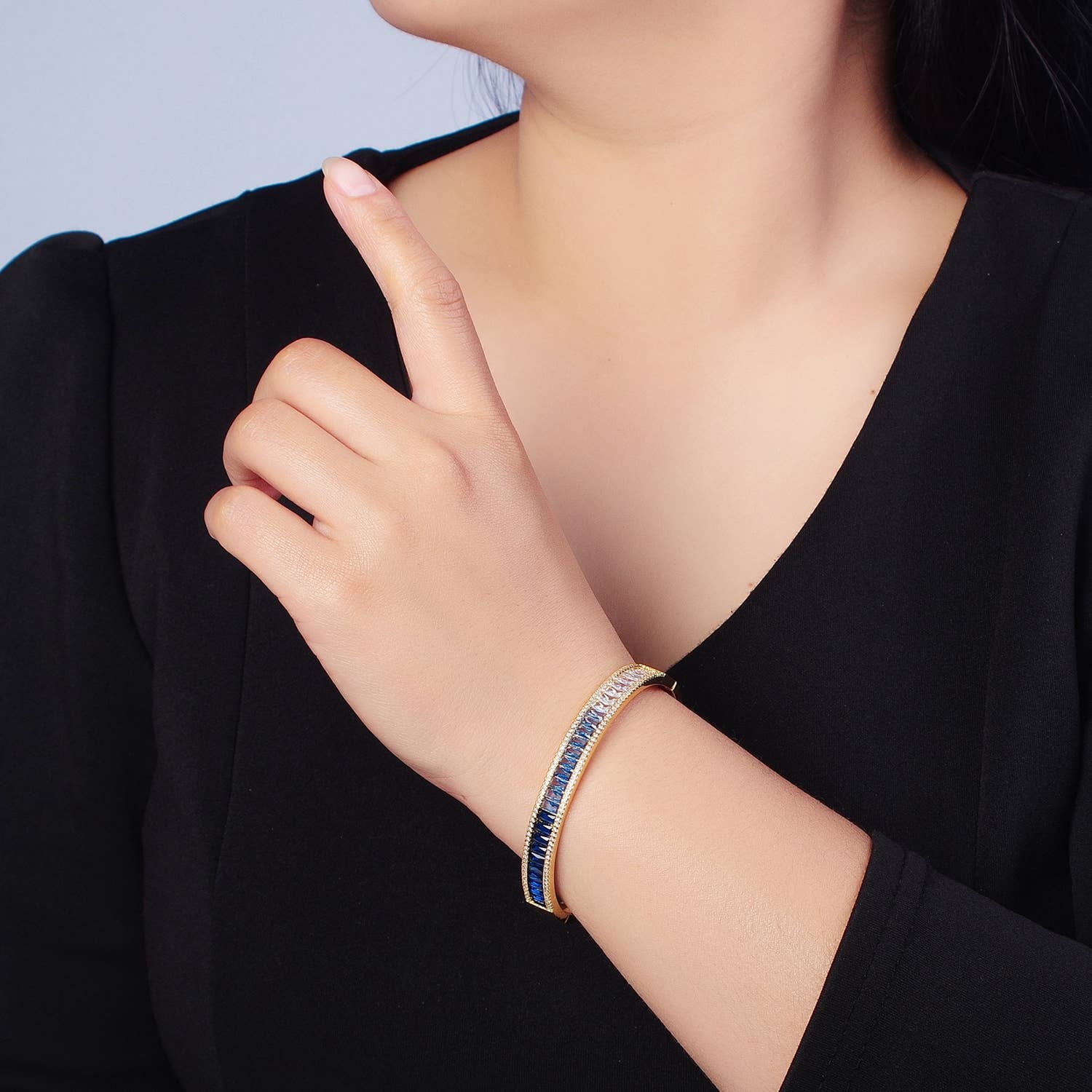 Ombre CZ Baguette Bangle Bracelet in Silver - Clear and Blue - Mellow Monkey