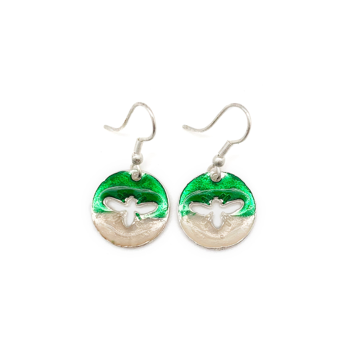 Pewter Earrings -  Bees - Green and Cream Color Enamel - Mellow Monkey