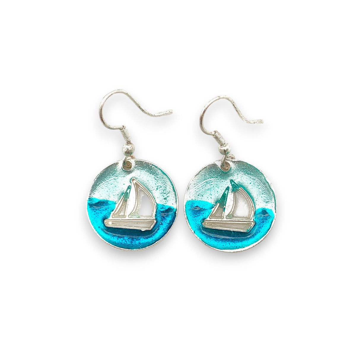 Pewter Earrings - Blue and Turquoise Enamel Sailboat Cutouts - Mellow Monkey