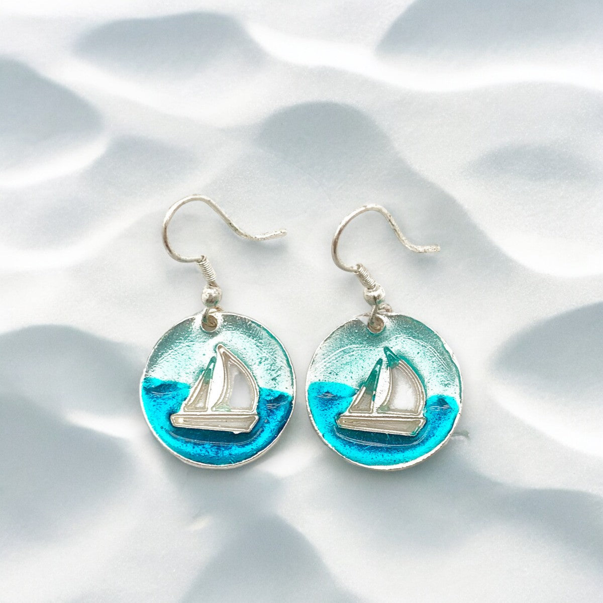 Pewter Earrings - Blue and Turquoise Enamel Sailboat Cutouts - Mellow Monkey