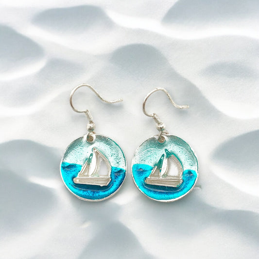 Pewter Earrings - Blue and Turquoise Enamel Sailboat Cutouts - Mellow Monkey