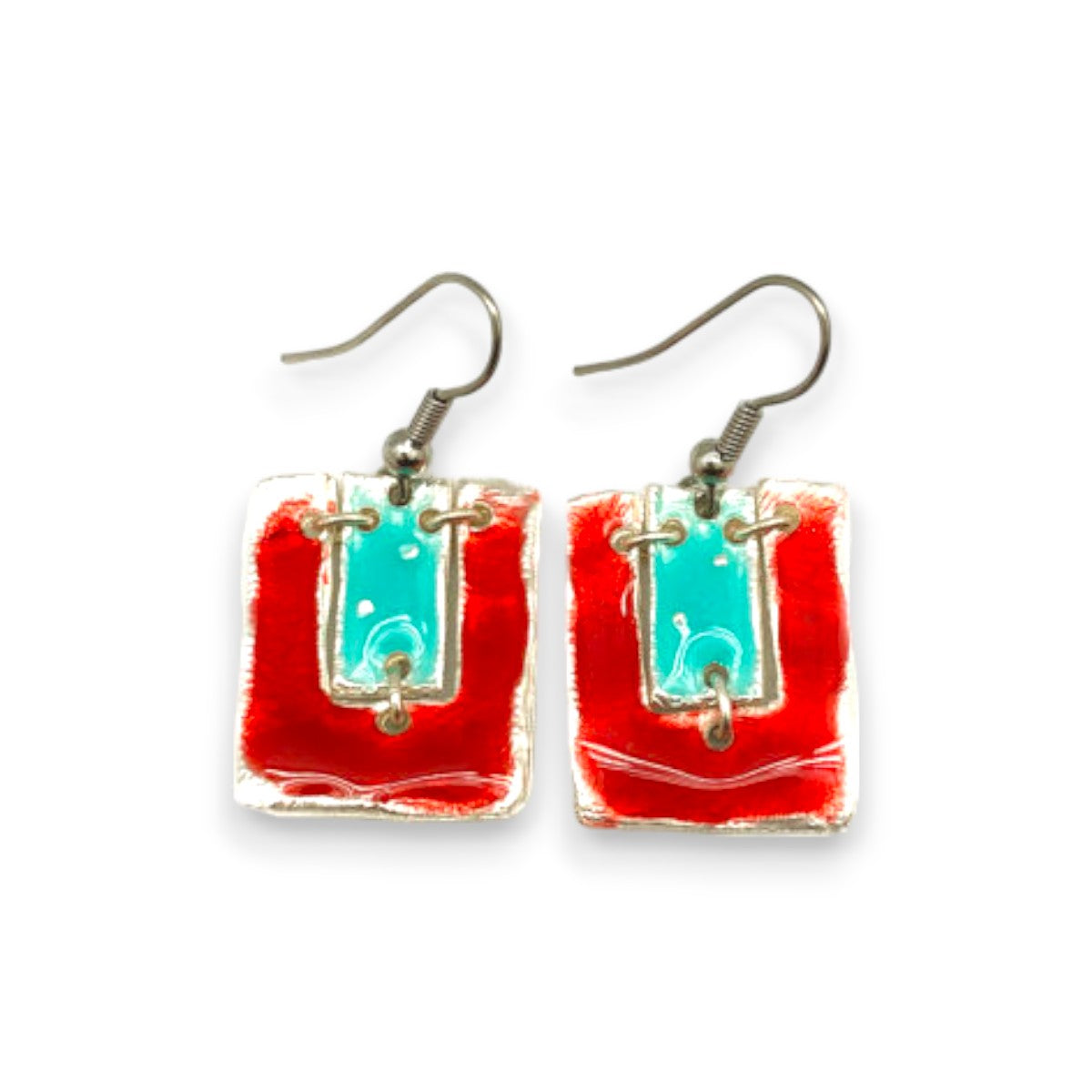 Pewter Earrings - Bright Red And Turquoise Enamel Hinged Shapes - Mellow Monkey