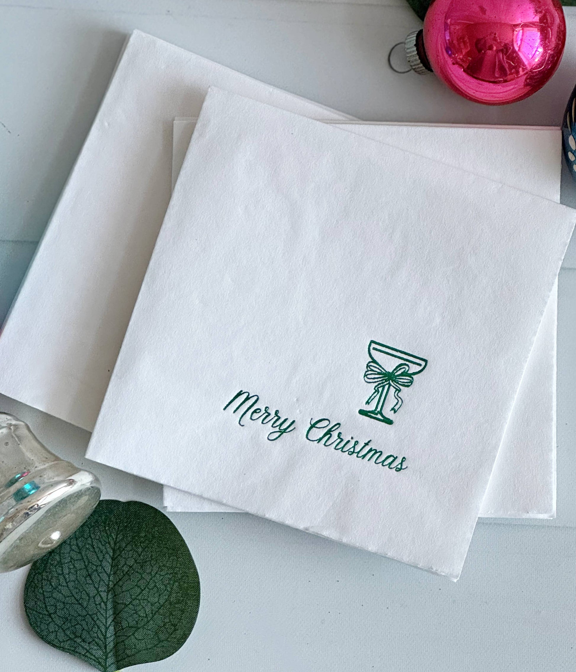 Merry Christmas Coup Glass & Bow Cocktail Napkins - Pack of 16 - Mellow Monkey