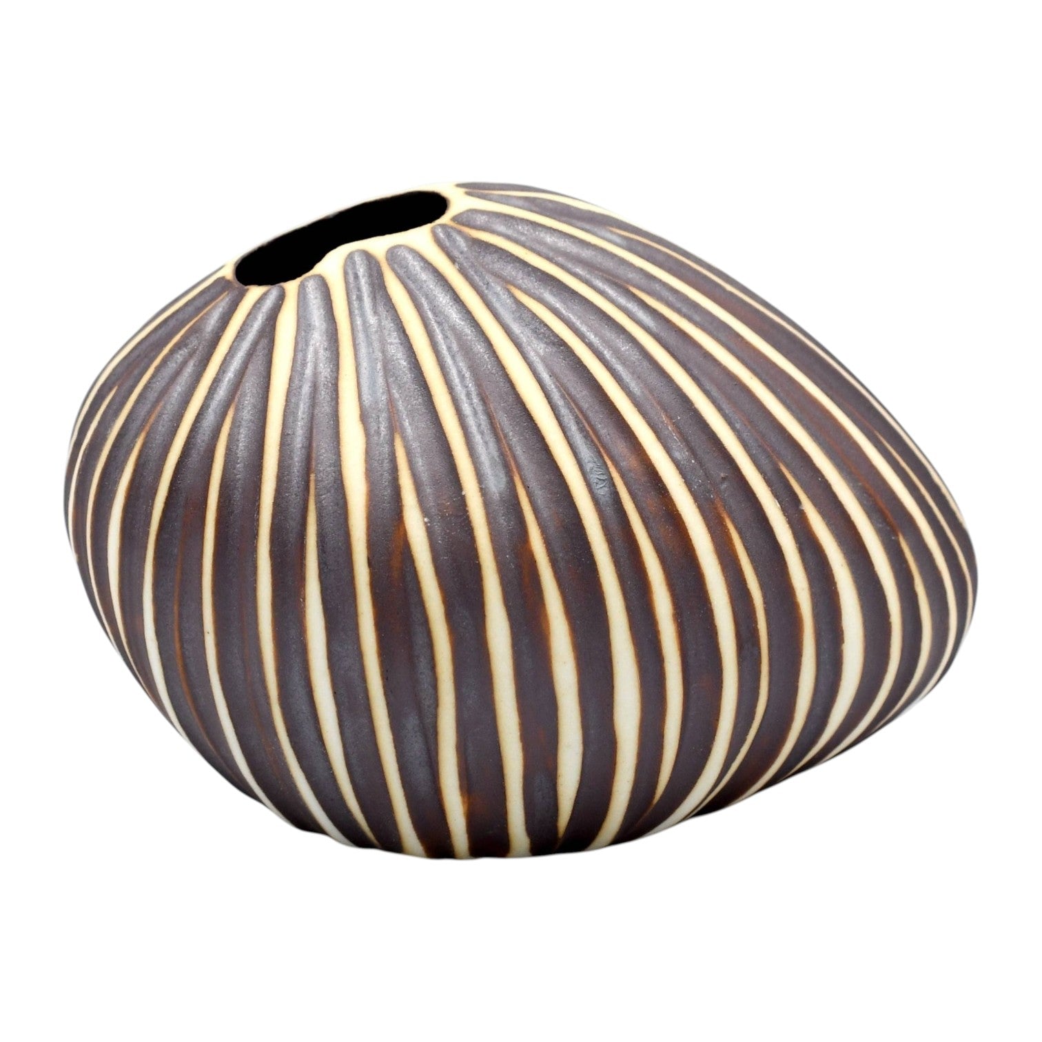 Mini Pebble - Handcrafted Porcelain Bud Vase - Taupe with White Stripes - 3.4 x 2.6 x 2.4 in - Mellow Monkey