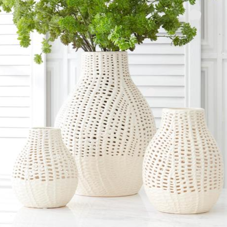 White Ceramic Basket Weave Vase - Mellow Monkey