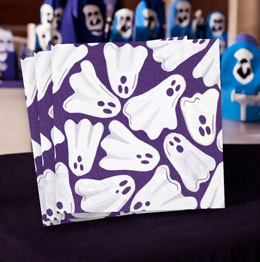 White Ghosts on Blue Paper Cocktail Napkins - 20 Count - Mellow Monkey