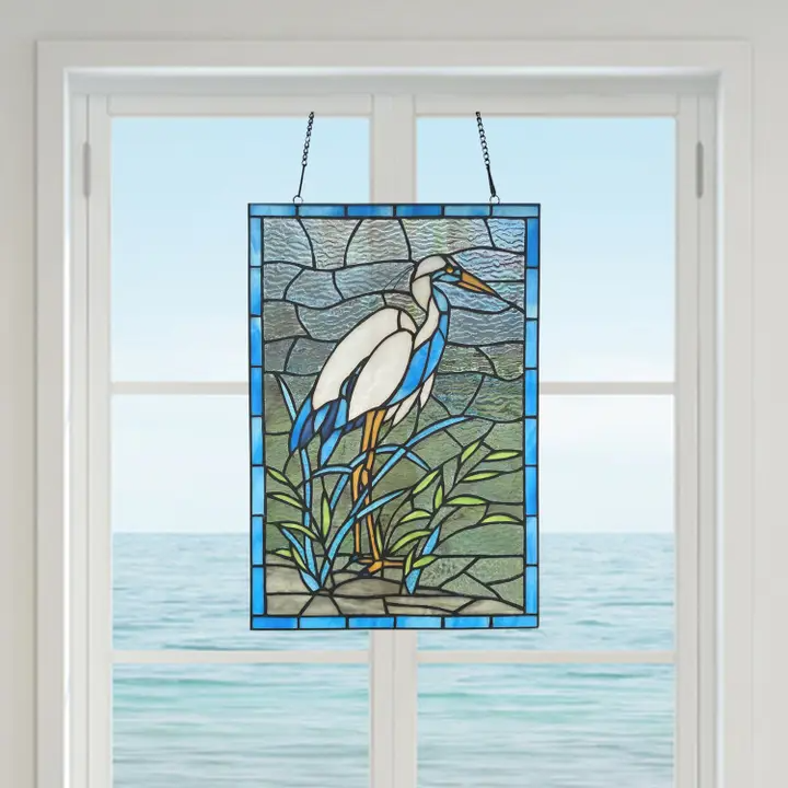 Majestic White and Blue Crane Stained Glass Window Pane - 18-in - Mellow Monkey