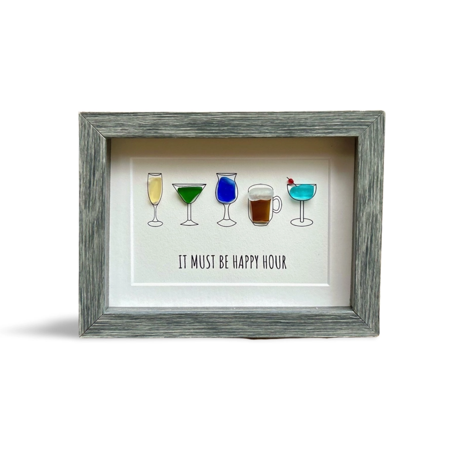 It Must Be Happy Hour - Five Happy Hour Cocktail Glasses Made Filled With Sea Glass - Framed Shadowbox 8-in - Mellow Monkey