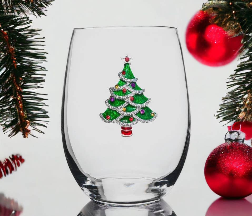 Christmas Tree Jeweled Stemless Wine Glass - Mellow Monkey