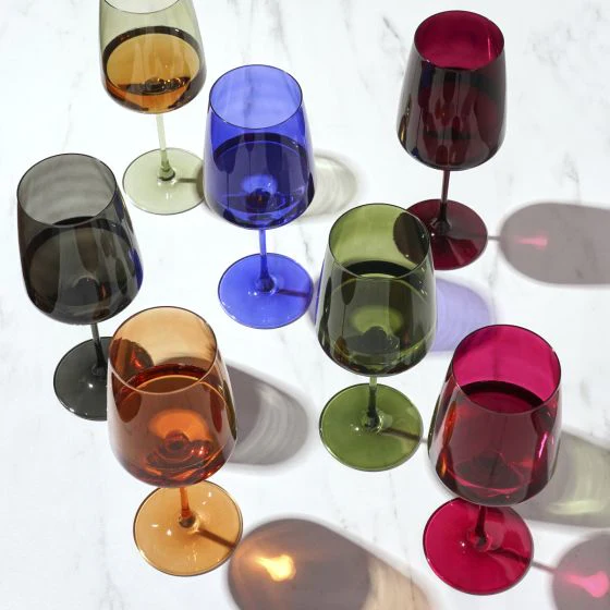 Crystal Wine Glasses in smoke, amber, green, blue and burgundy