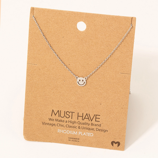 Mini Smiley Face Pendant Necklace - Silver