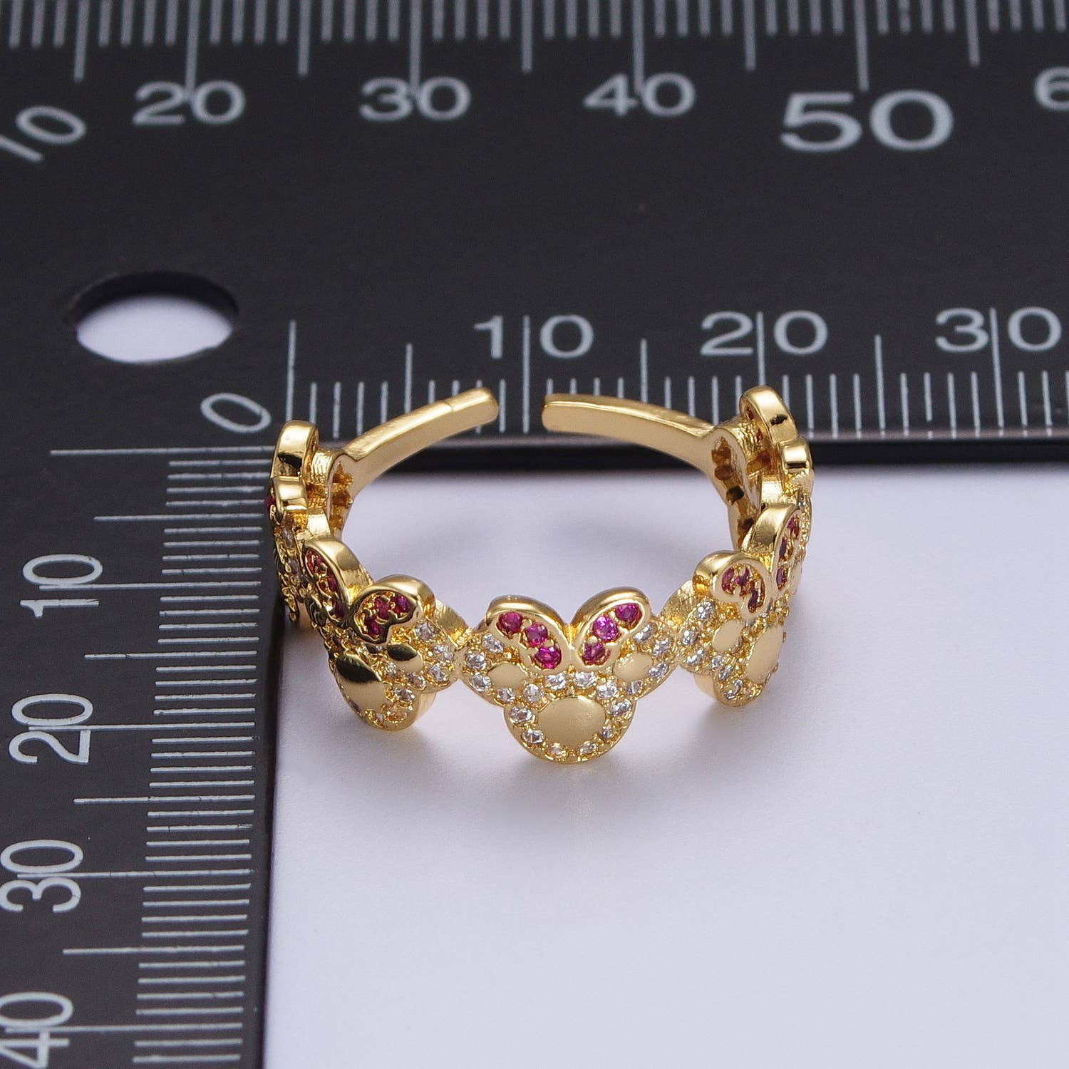 Dainty Cute Micro Pave Gold Bowed Mouse Adjustable Ring O184 - Mellow Monkey