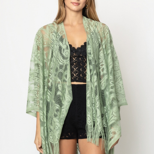 Floral Lace Open Front Kimono - Sage - Mellow Monkey