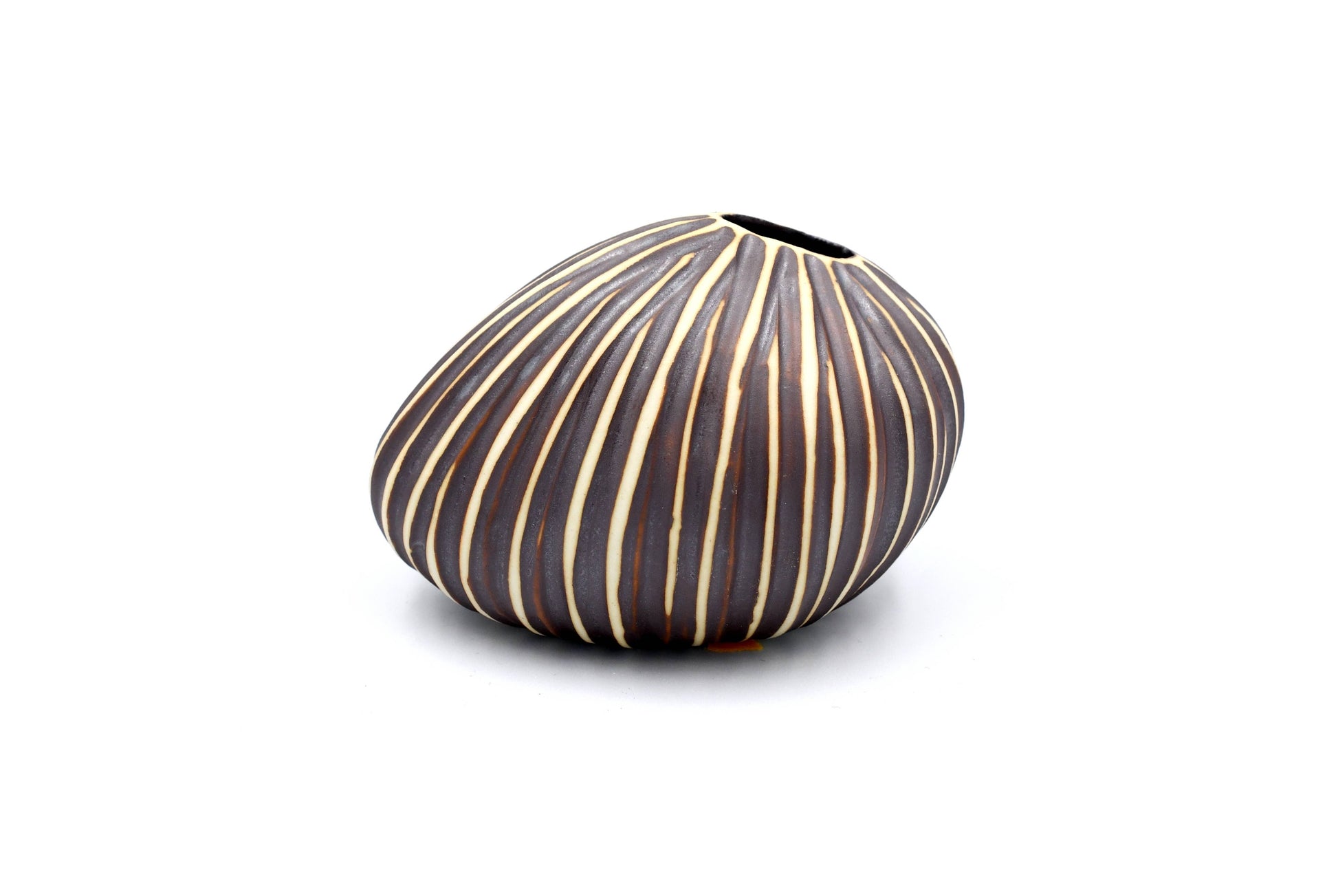 Mini Pebble - Handcrafted Porcelain Bud Vase - Taupe with White Stripes - 3.4 x 2.6 x 2.4 in - Mellow Monkey