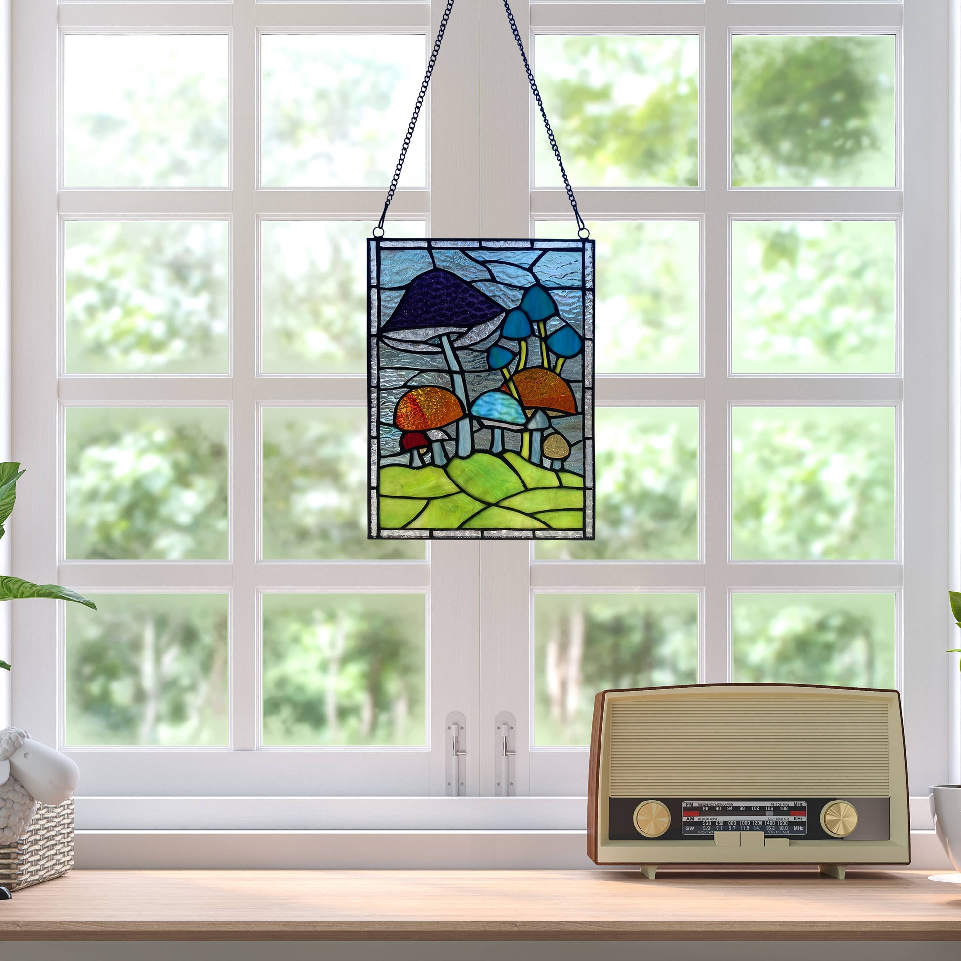 Erin Green Mushrooms Stained Glass Window Panel - 11-1/2-in - Mellow Monkey