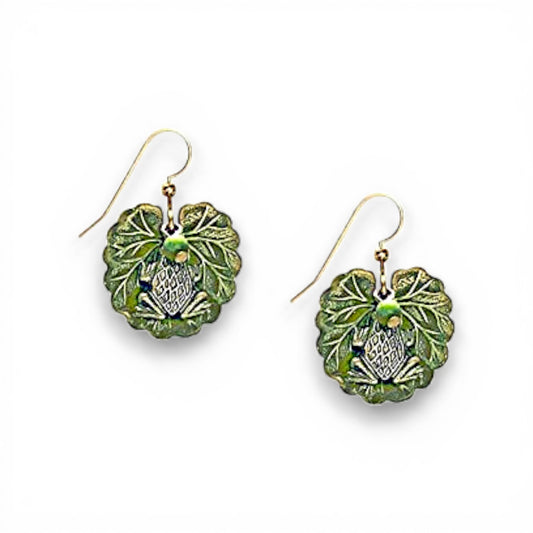 Silver Forest Frog on Leaf with Bead Drop Earrings NE-1753A - Mellow Monkey