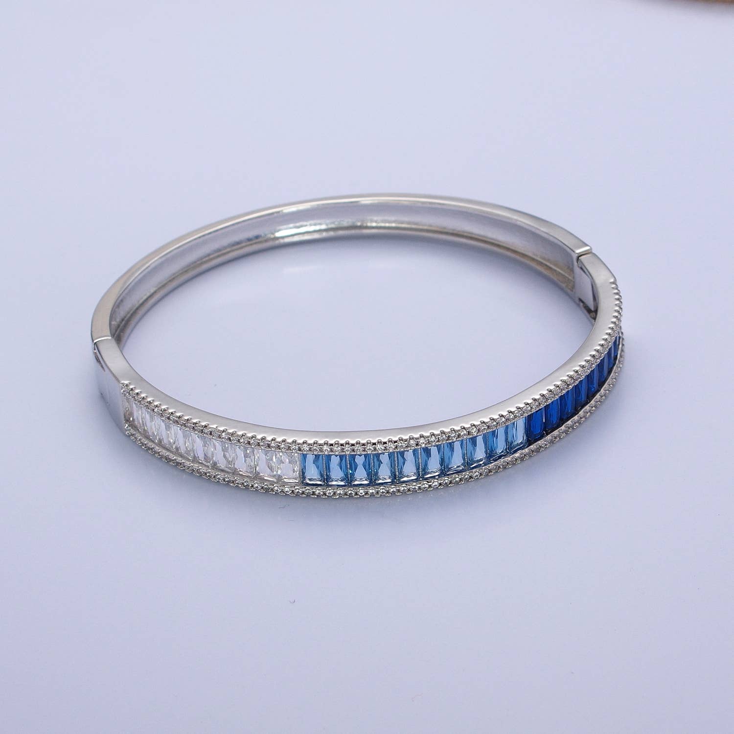 Ombre CZ Baguette Bangle Bracelet in Silver - Clear and Blue - Mellow Monkey