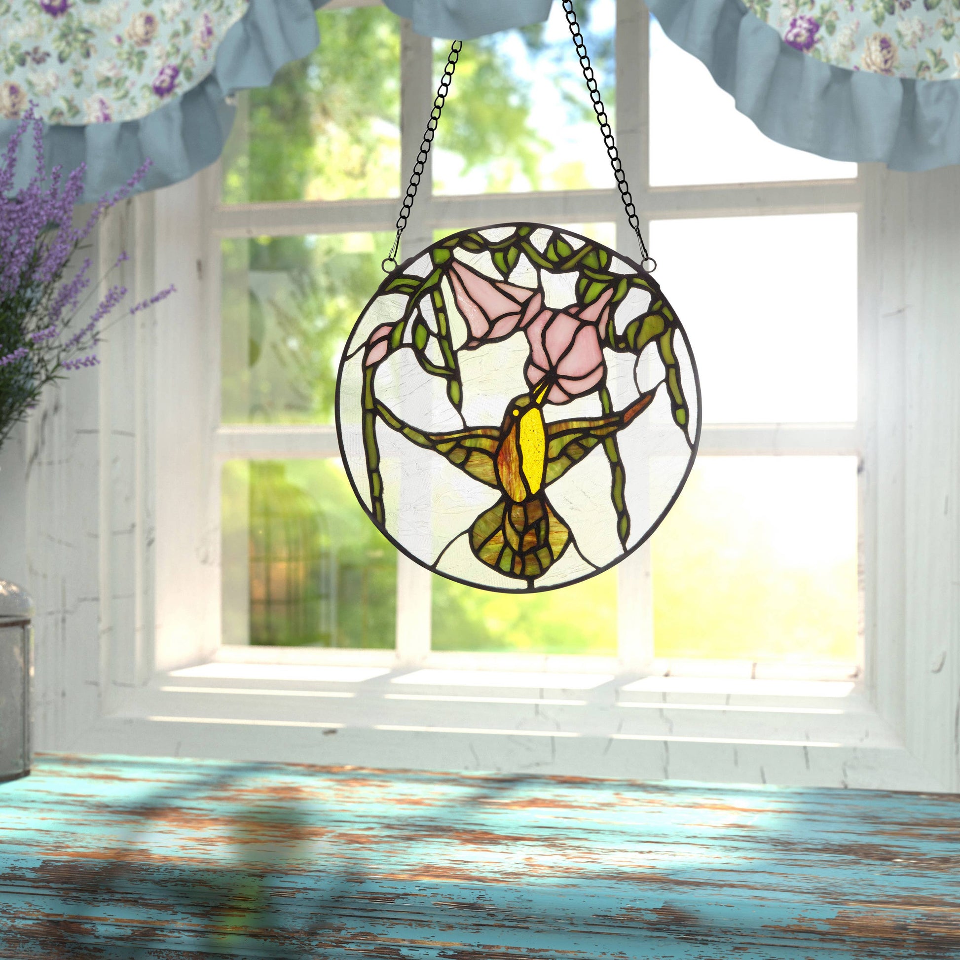 Hummingbird and Hibiscus Stained Glass Window Panel - 10-in - Mellow Monkey