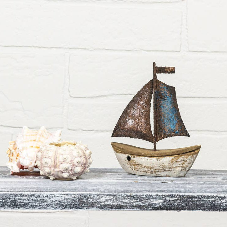 Mini Wood and Metal Sailboat with Sail Up - 4-1/2-in - Mellow Monkey