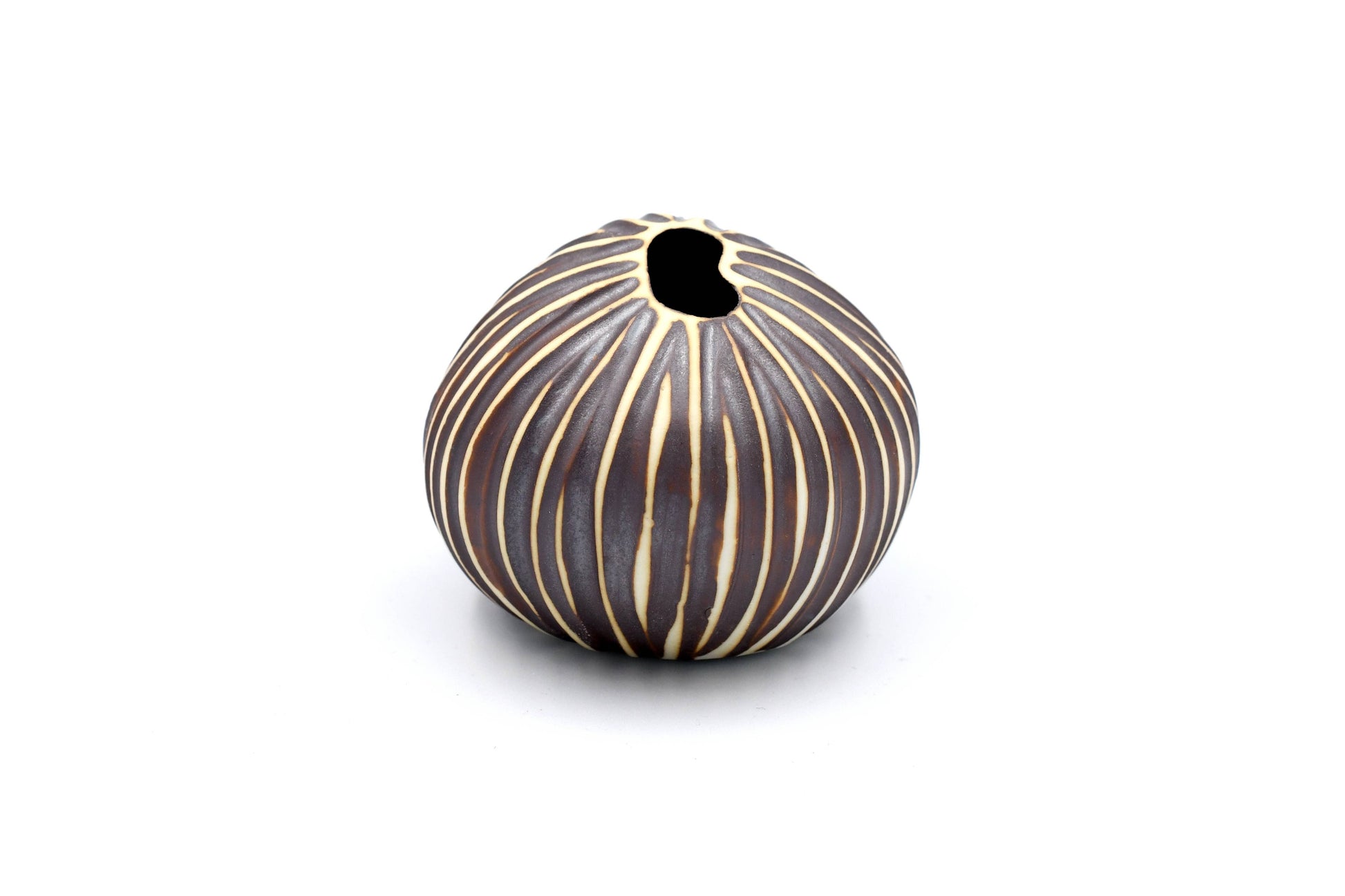 Mini Pebble - Handcrafted Porcelain Bud Vase - Taupe with White Stripes - 3.4 x 2.6 x 2.4 in - Mellow Monkey