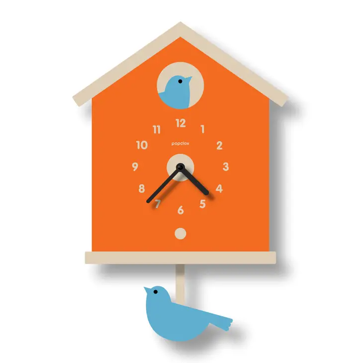 Silent Birdhouse Pendulum Clock - Orange - 14-in - Mellow Monkey