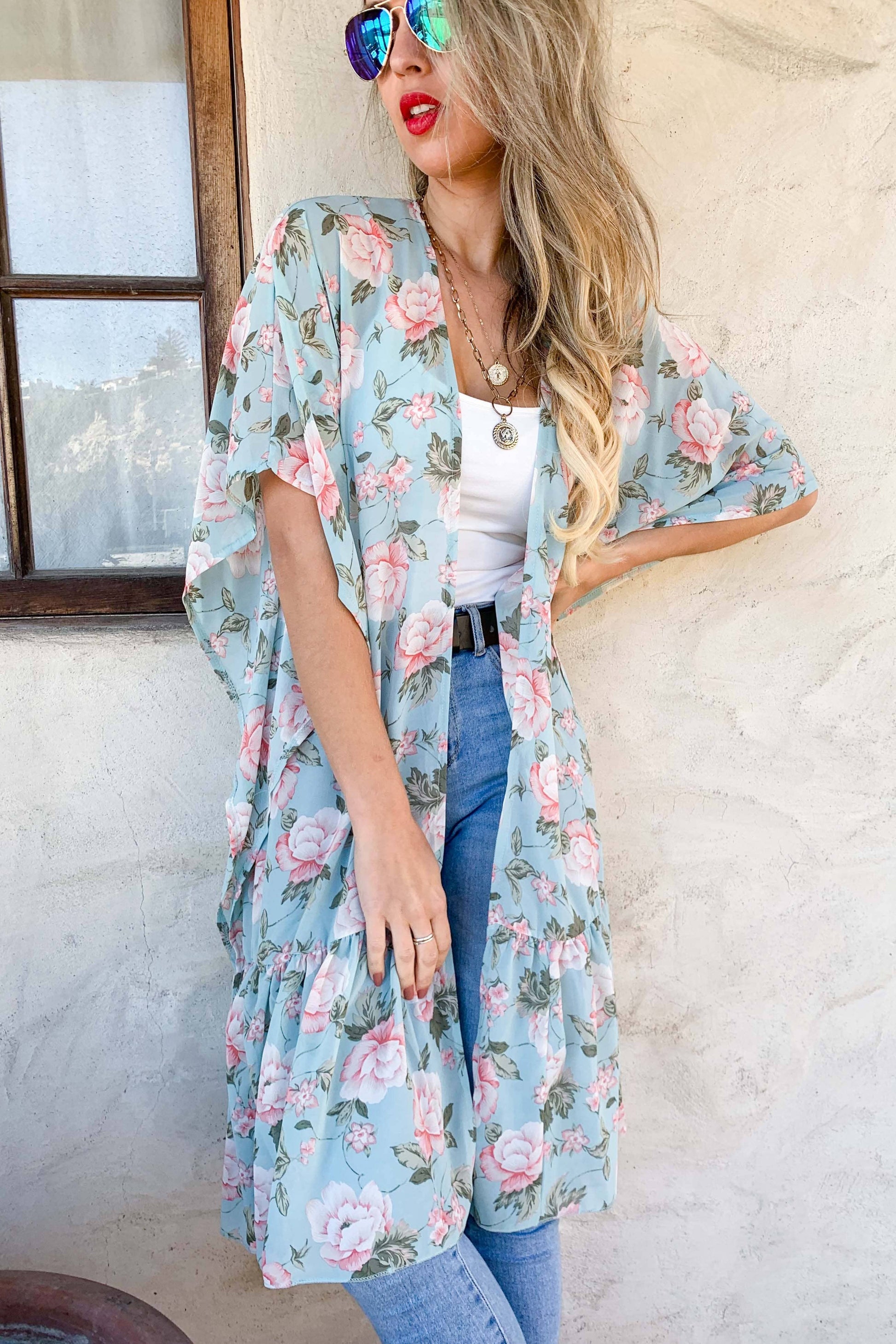 Mint Floral Printed Ruffle Bottom Chiffon Kimono Cover Up - Mellow Monkey