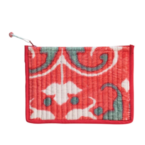 Vibrant Quilted Cotton Velvet Patterned Zip Pouch - 8-in - Mellow Monkey