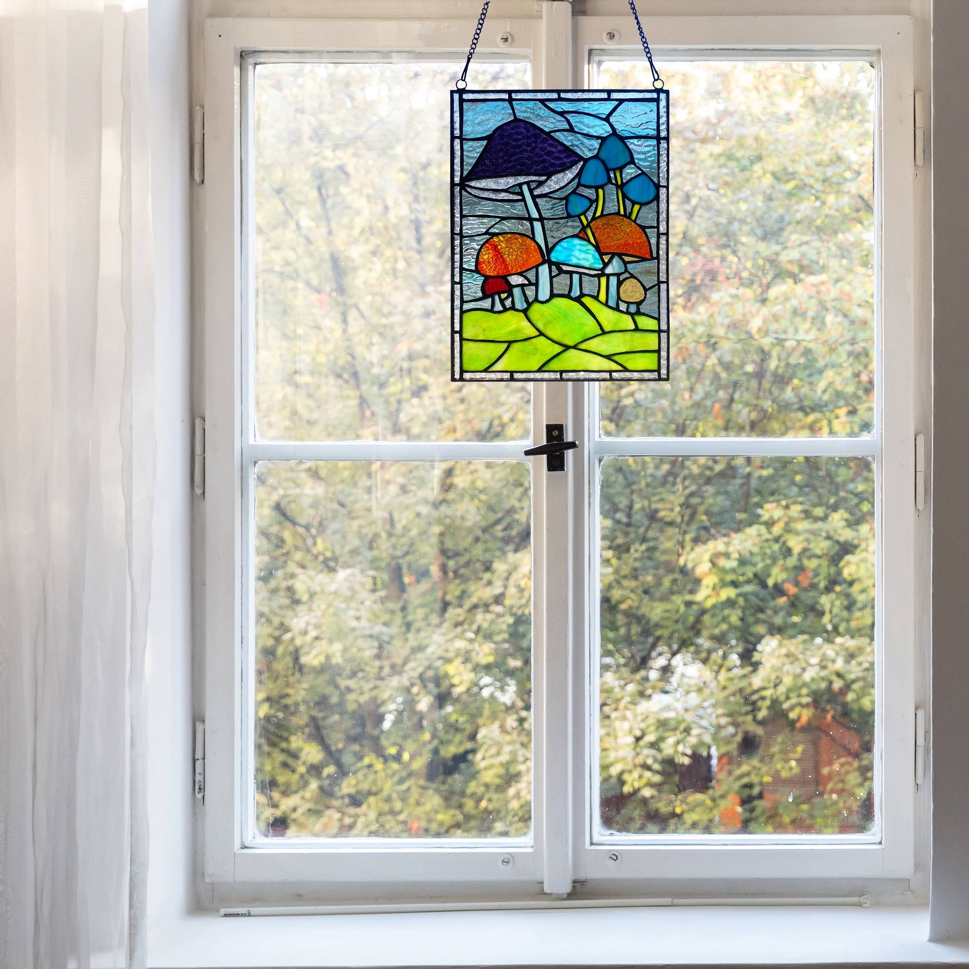 Erin Green Mushrooms Stained Glass Window Panel - 11-1/2-in - Mellow Monkey