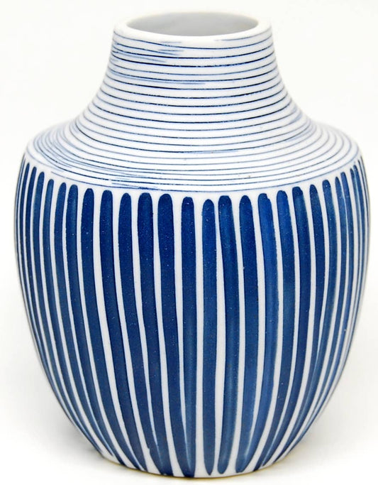 Mini Inca - Handcrafted Porcelain Vase - Blue with White Stripes - 3.5 x 3.5 x 4.3 in
