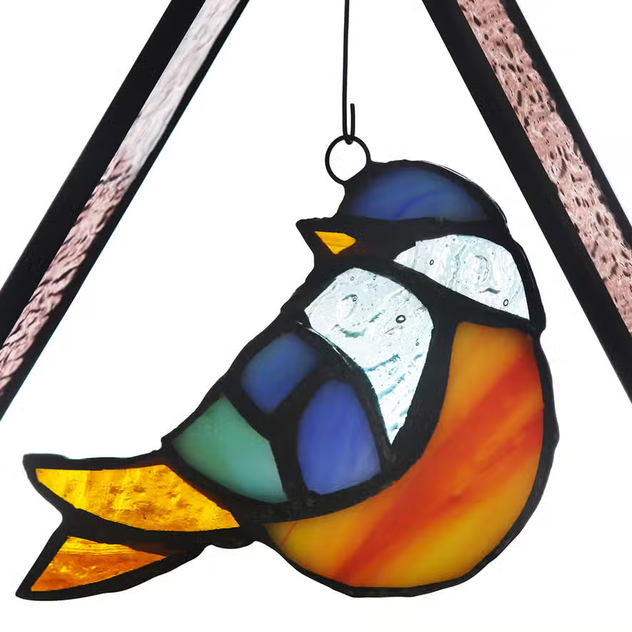 Bubba the Bluebird Standing Triangle (Pink) Stained Glass Suncatcher - 6”H - Mellow Monkey
