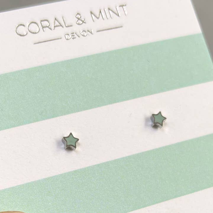 Coral and Mint- Mini Star Studs with Mint Enamel - Mellow Monkey