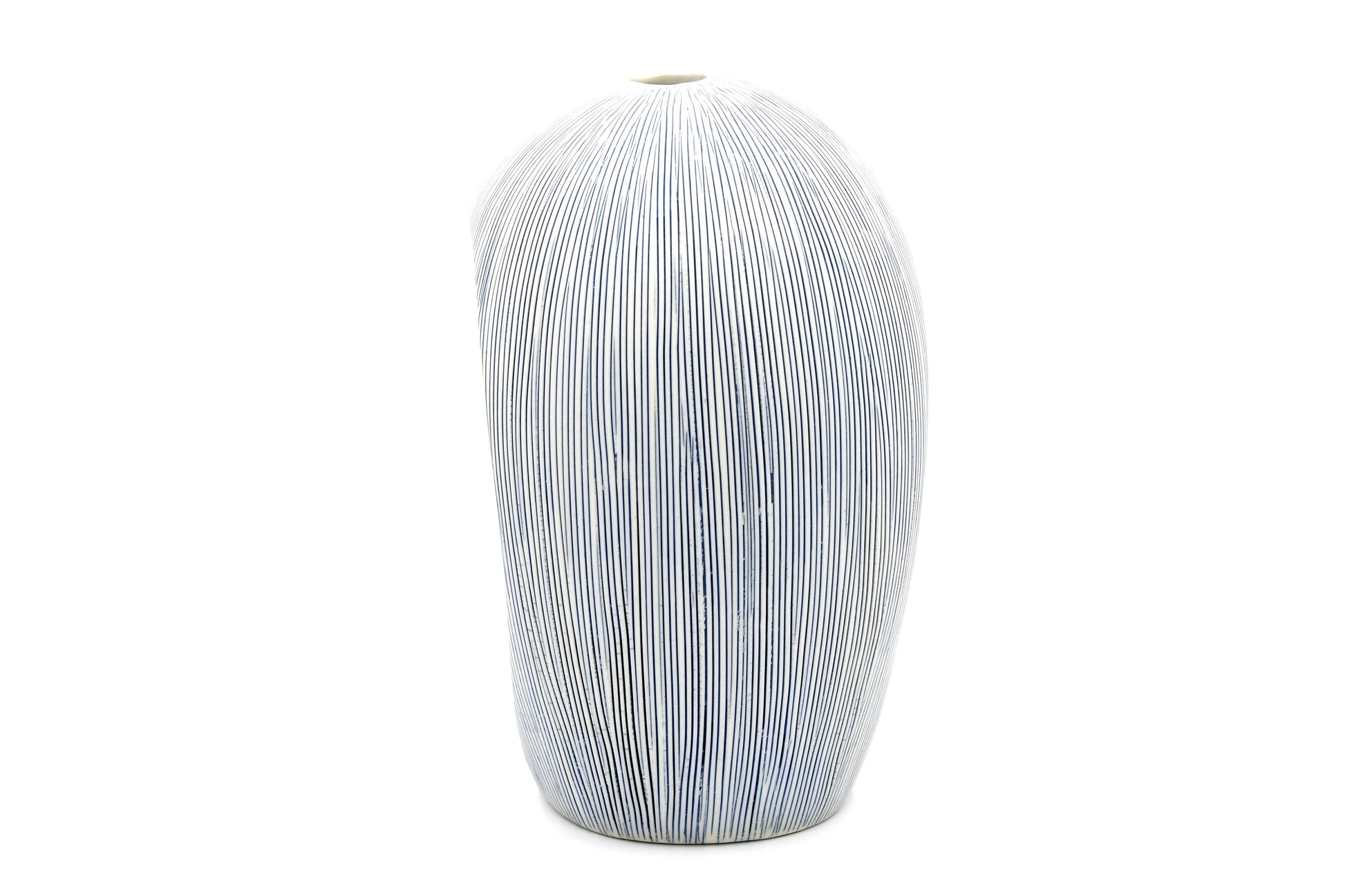 Artura - Handcrafted Porcelain Vase - White with Blue Stripes - 4.7 x 6.3 x 8.7 in - Mellow Monkey